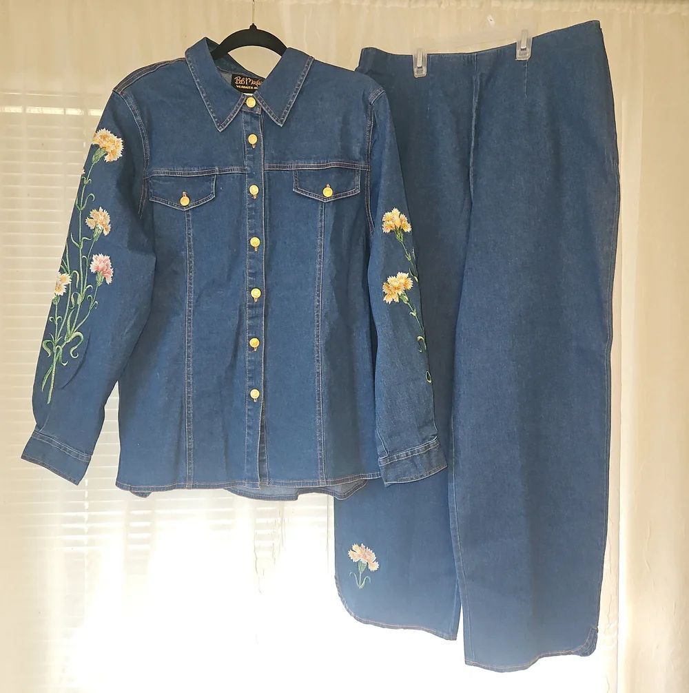 Bob Mackie Denim Blue Embroidered Floral Jacket & Trousers